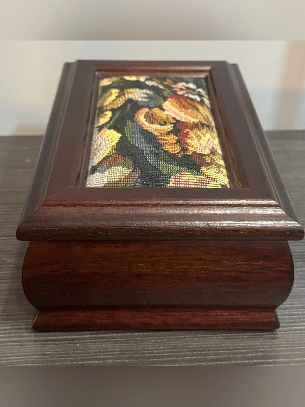 Vintage Classic Brown Wooden Jewelry Box with Mirror and Needlepoint Inlay
